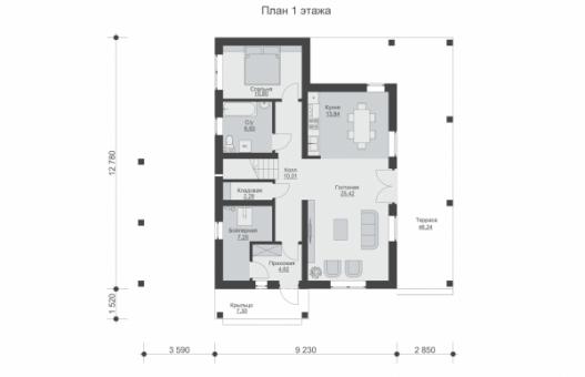 Одноэтажный дом с мансардой, кухней-гостиной, кабинетом и террасой